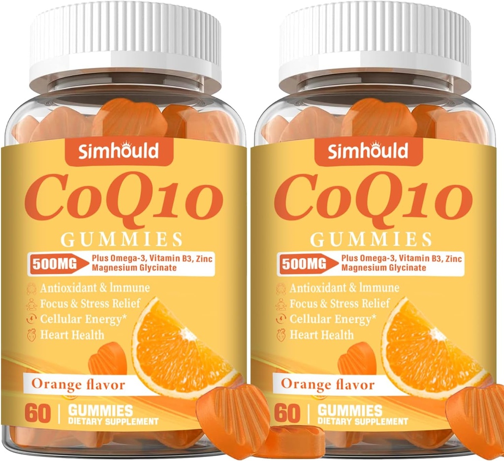 2 Pack CoQ10 500MG Gummies - Plus Omega-3, hořčík, vitamín B3 & zinek - 3X Lepší absorpce Koenzym Q10 Doplňky pro srdeční zdraví, Cellular Energy & Antioxidant, Non- GMO 120