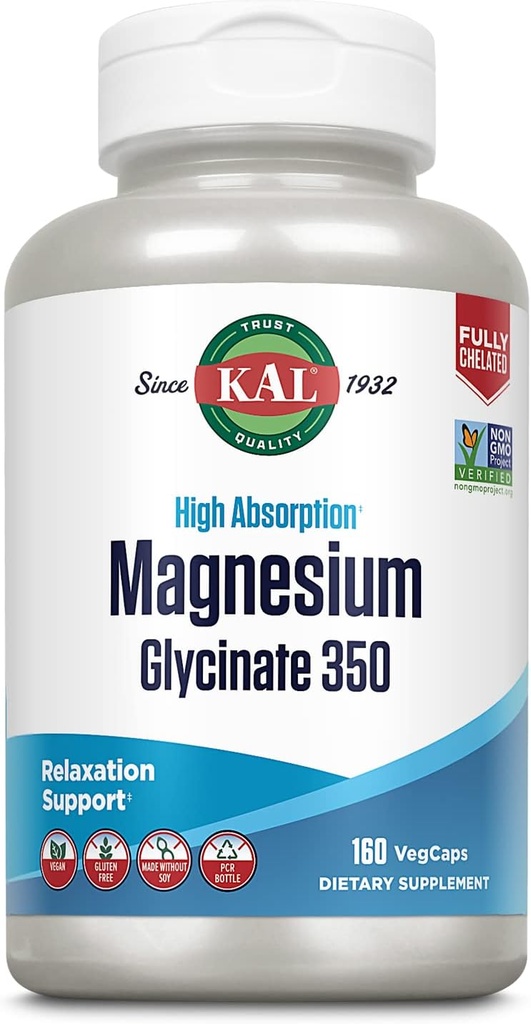 KAL Magnesium Glycinate Capsules, hoàn toàn được hóa trị bằng trung bình Binesglycinate, cao độ Magenium phụ trợ, xương khỏe mạnh, cơ bắp, thư giãn và căng thẳng, không có 160.
