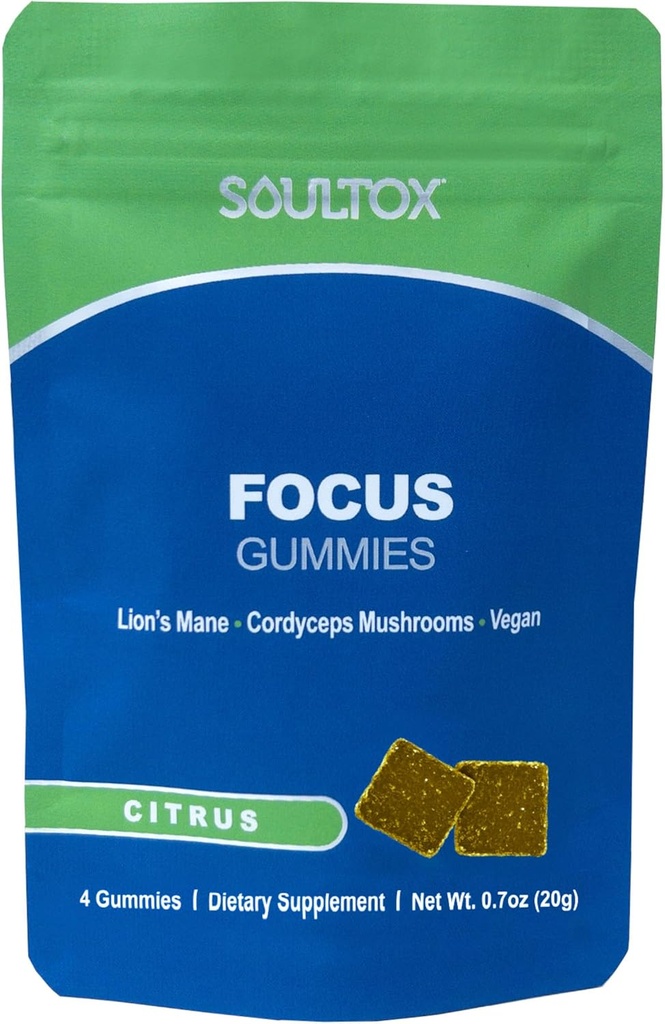 Soultox Focus Lion's Mane Gummies - Citrus Flavor - Vegan Formulation with Organic Lions Mane and Cordyceps - Enhances Memory, Focus and Energy - Citrus Flavor - Single Pack
