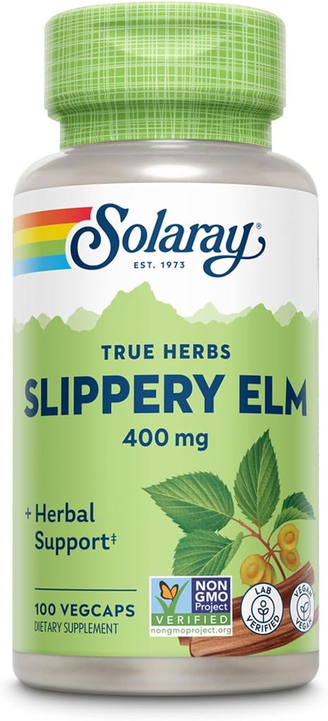 SOLARAY Seplication Elm Bark Capsules (Ulmus Turra) 400 mg - Surit Herball รองรับมูซิเลจ - เวก้า, Lab Verification, 60-Day May Muserante - 100 servering, 100 Vegcaps