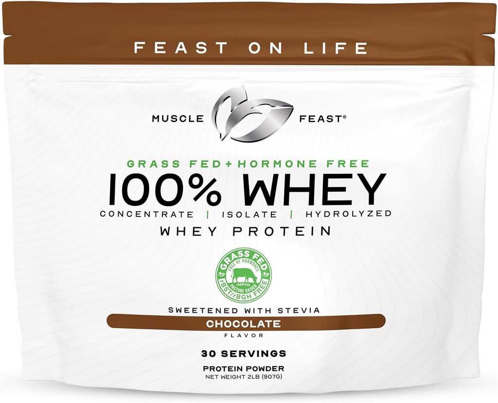 Muskelfesten 100% Grass Fed Whey Protein Powder, All Natural Hormone Free Paure Raised Whey Protein Powder för kvinnor och män- Whey Concentrate, Isolate & Hydrolyzed Protein Powder Blend - Chocolate, 2lb