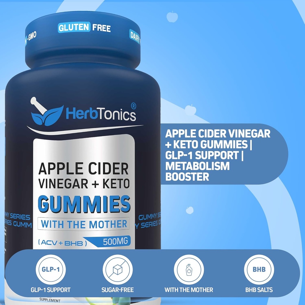 Herbtonics Keto Jabłko Cider Gummies - Pokarm i Detox Support - Sugar Free BHB Advanced Formula for Keto Support - Raw ACV with The Mother - 120 Vegan ACV Gummies