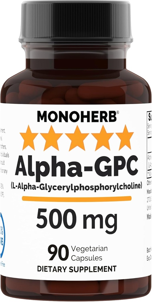 MONOHERB 알파 GPC 500 mg - 90 Vegan 캡슐, 뇌 지원, 초점, 기억, 동기 부여 및 에너지를위한 Nootropic
