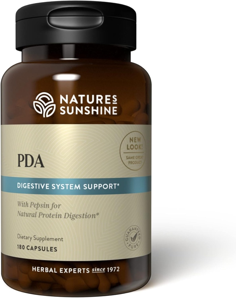 Nature's Sunshine PDA Combinación, 180 cápsulas | Ácido clorhídrico e Suplemento de Pepsin que axuda a romper as proteínas no tracto dixestivo