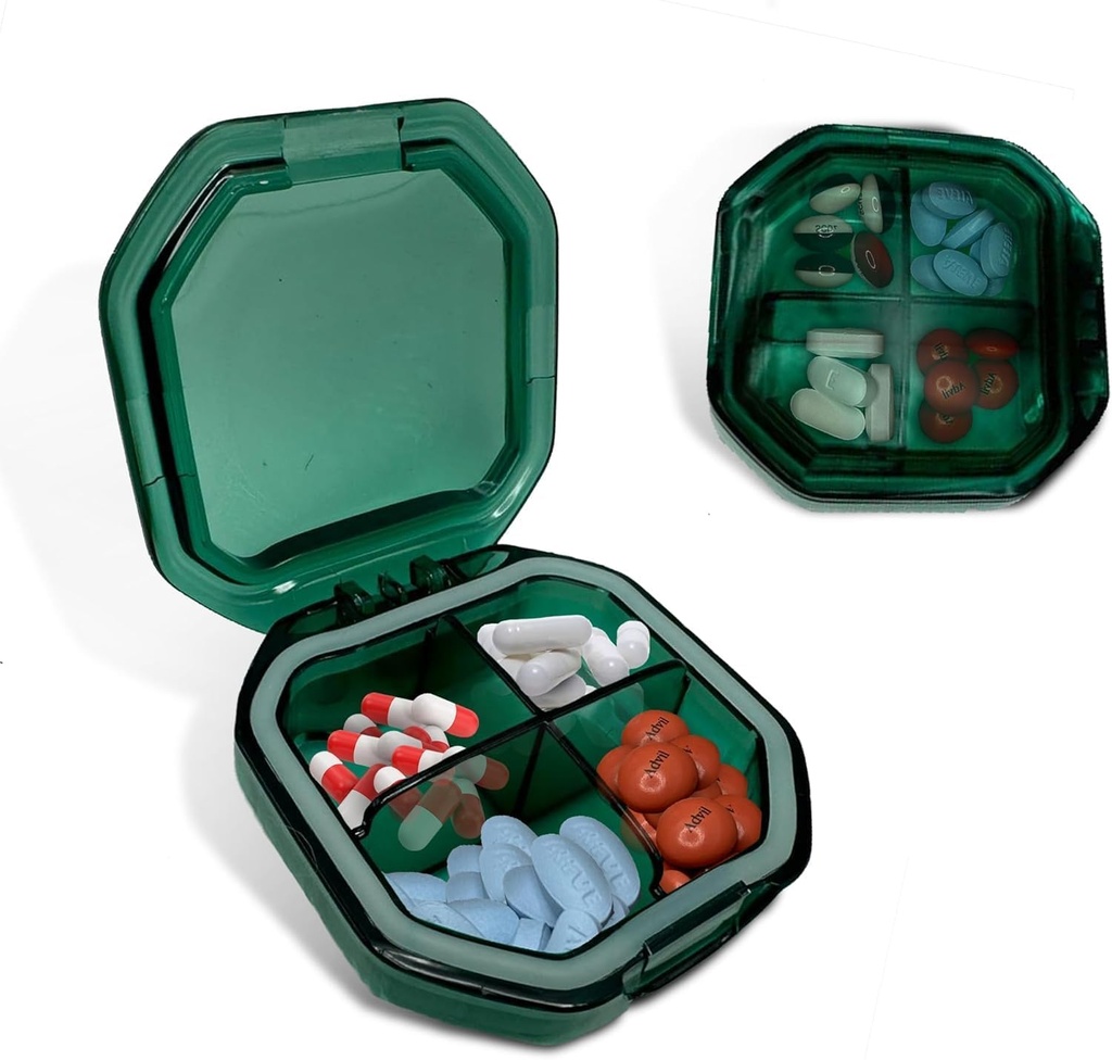 Travel Pill 주최자 - 내구성, 방수 Pill Case Travel Size with 4 Compartments - 비타민, 보충제, 의약품을위한 컴팩트 Pill Travel Case - Purse (Green)을위한 여행 Pill Container