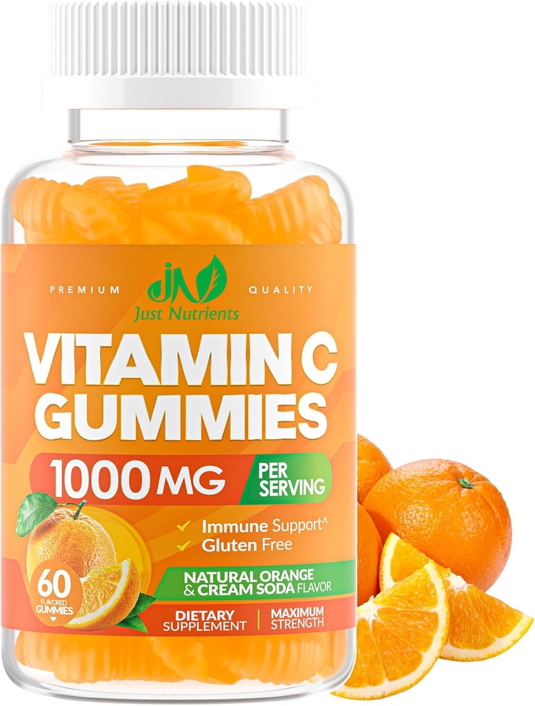 Vitamin C Gumies 1000mg za odrasle in otroke – žvečljivi multivitamin z cinkom za imunski sistem in kolagen podporo za kožo – pomarančni okus – Gluten prost, ne-GMO, vegetarijanski – 60 Gumijev