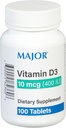 MAJOR Vitamin D3 10mcg (400 IU) - Berisi 25mg dari Kalsium - Tambahan Dieter - 100 Tablet (1 Pack)
