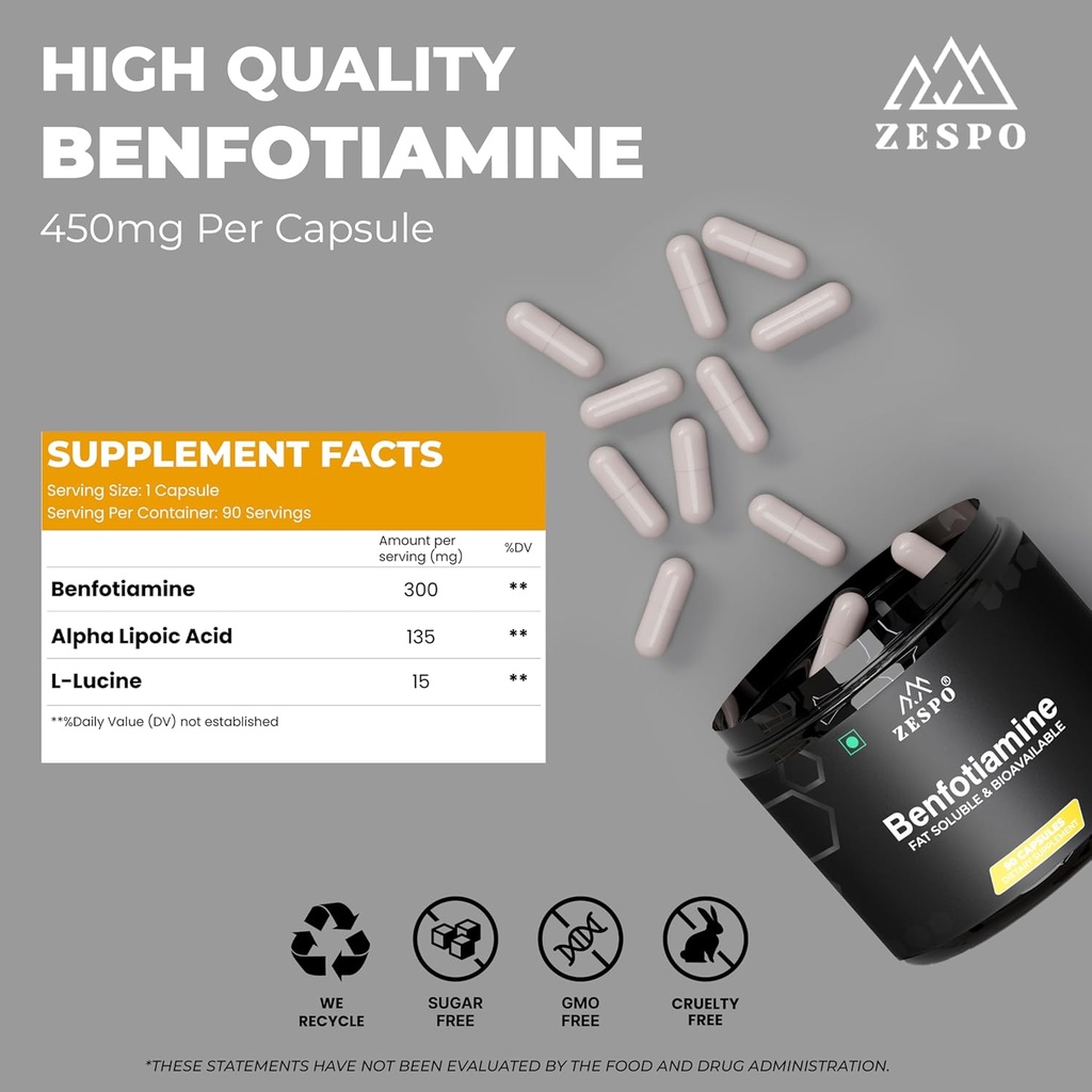 Benfotiamine 450mg - 90 kapsulak,Supports Cellular Health Alpha Lipoic Acid & L-Leucine, Daily Nutritional & Wellness Formula