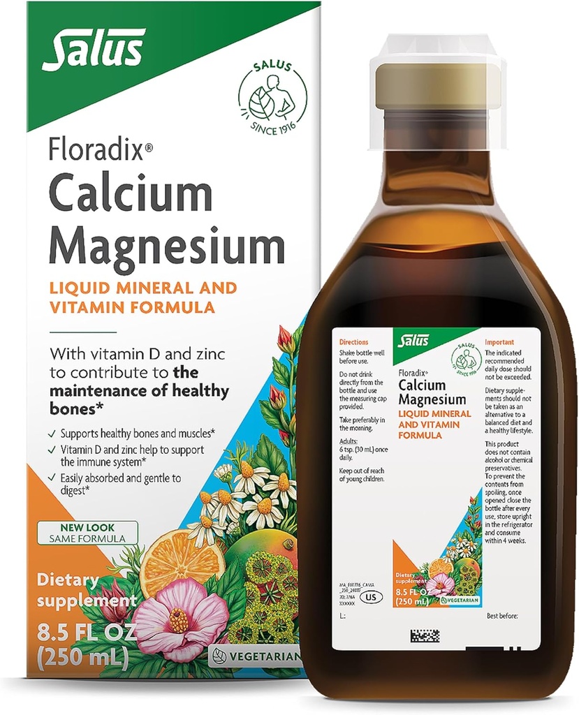 Floradix Kalsium Magnesium nestemäinen Mineraali ja vitamiini Formula - Luun tuki täydentää kalsiumin, magnesiumin, D-vitamiinin ja sinkki - kasvissyöjä & ei-GMO - 8.5 fl oz