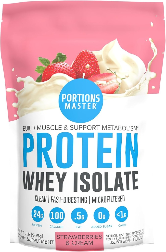 Portiuni Master CFM Whey Izolate Proteine Powder, 2 LB, 23g Low Carb, Fat scăzut, Rece-Processed, Rapid Absorbing, Muscle Growth & Recovery Support (Strawberries & Cream)
