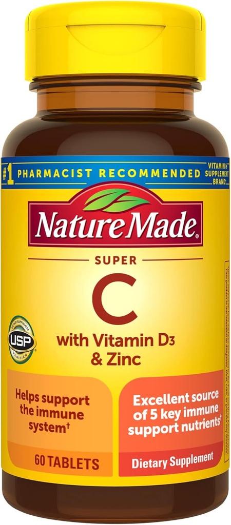 Nature Made Super C con Vitamina D3 y Zinc, Suplemento dietético para Apoyo Inmunitario, 60 Tablets, 60 Day Supply