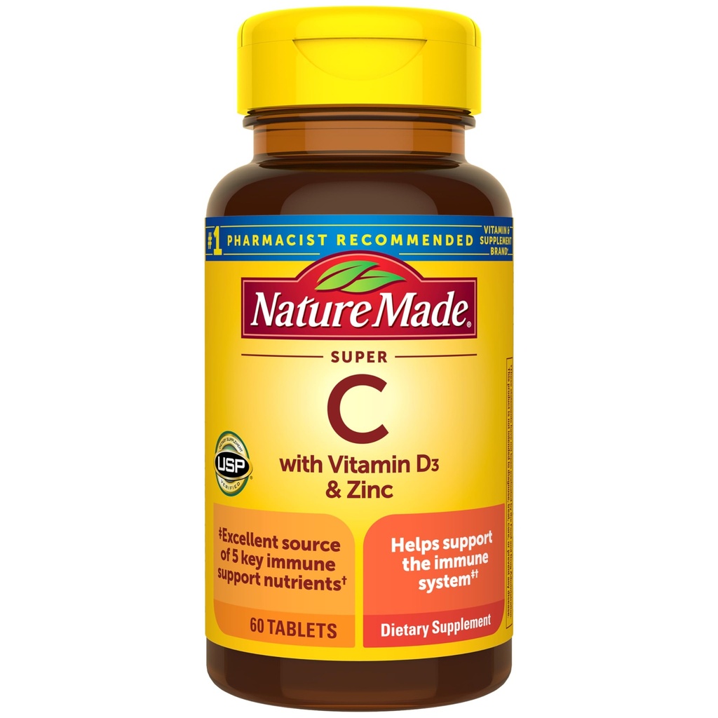 Nature Made Super C, Vitamin C and Zinc with Vitamin D3, Dietary Supplement for Immune Support, 60 Tablets, 60 Day Supply