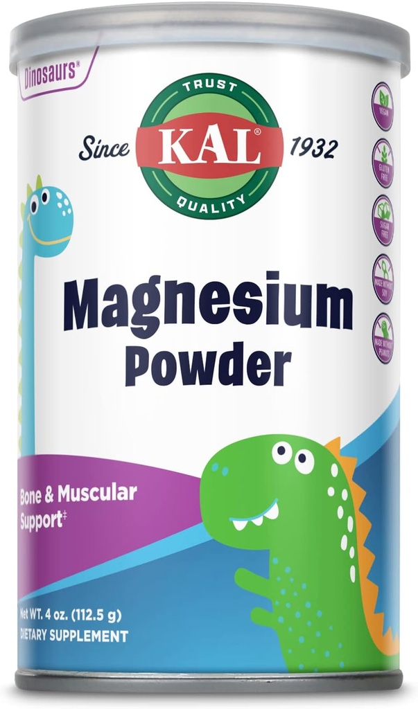 KAL magneesiumipulber, magneesium lastele, puhas magneesiumtsitraadi pulber, tervislik luu areng, lihaste ja närvifunktsiooni tugi, vegan, gluteenivaba, suhkruvaba, 90 serveerimist, 4 oz