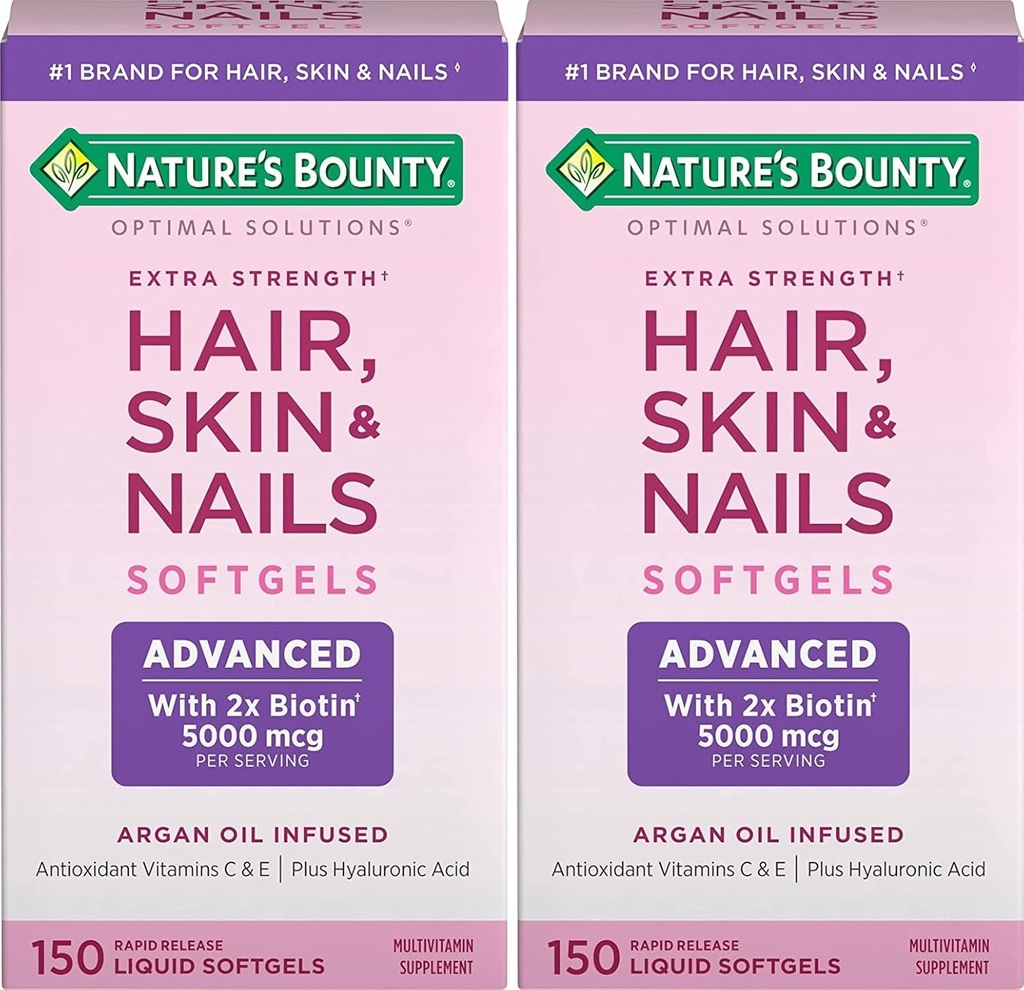Naturens Bounty Hair, Skin & Nails Rapid Release Softgels, Argan-Infused Vitamin Supplement med Biotin och Hyaluronic Acid, Stöder hår, hud och Nail Health för kvinnor, 150 greve av 2)