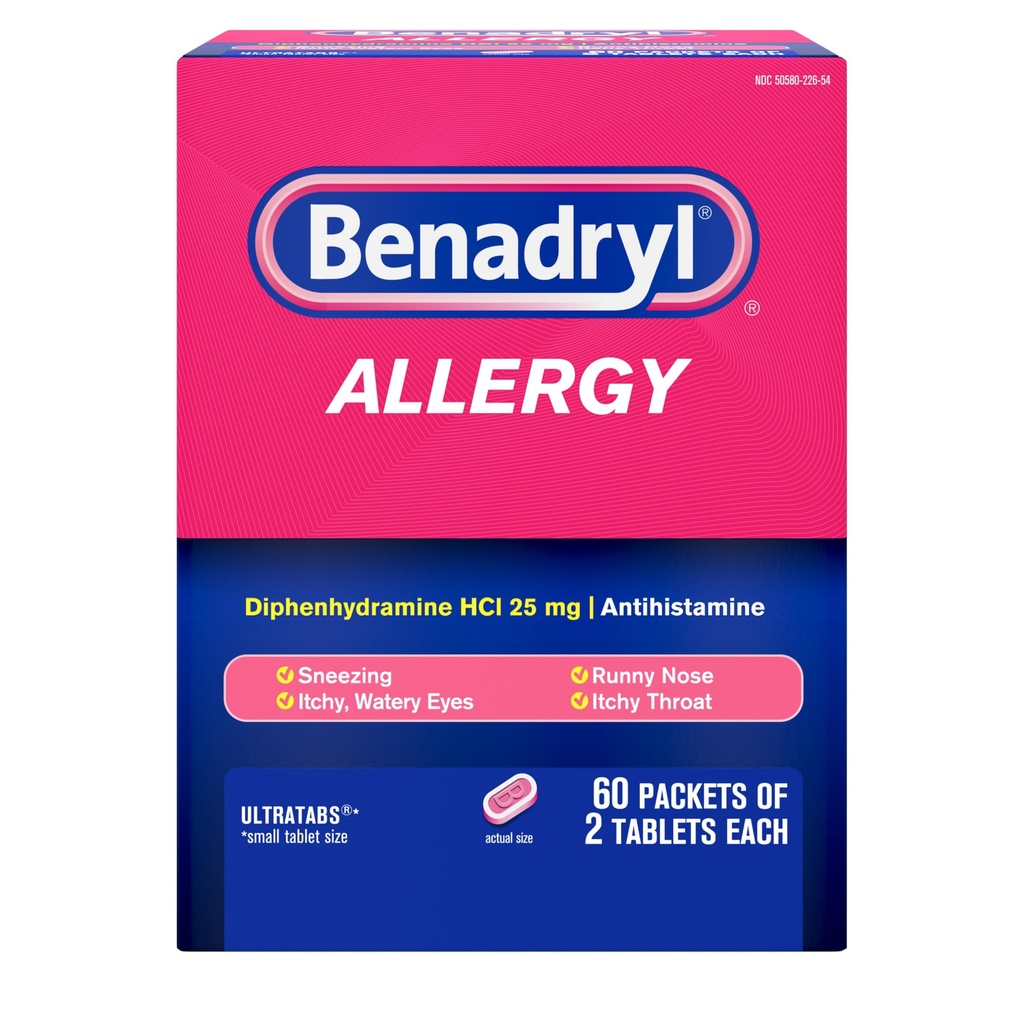 Benadryl Allergy Relief Medicine, 60 Single Use Packets of 2 Tablets
