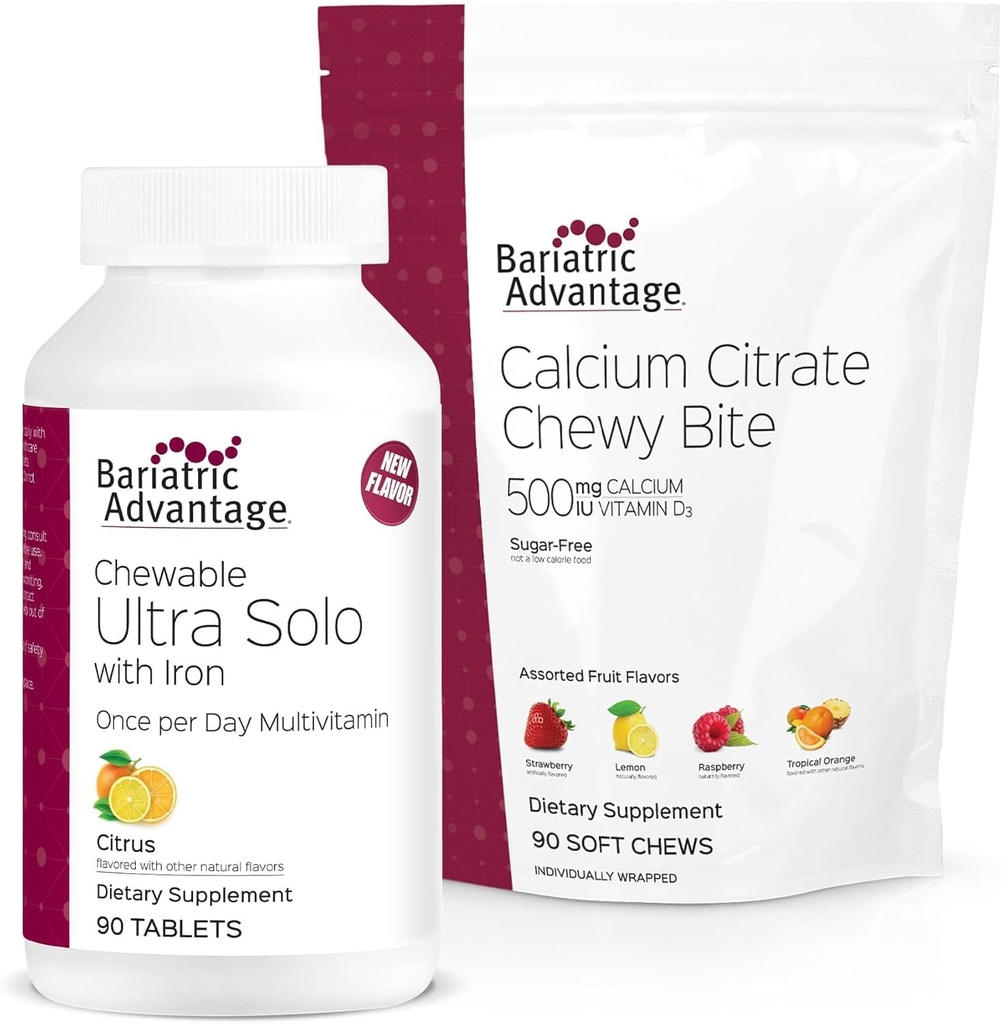 Bariatric Advantage Chewable Ultra Solo med järn - Citrus, 30 greve och Calcium Citrate Chewy Bites 500 mg - Assorterad frukt smak,90 greve
