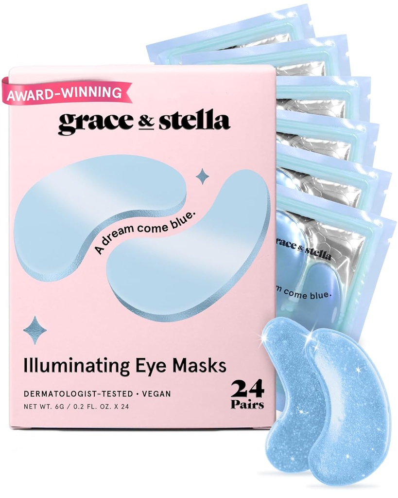 graça & Stella Prêmio Ganhar Sob Máscara Olho Reduzir Círculos Negros, Olhos Puffy, Sacos Undereye, Rugas, Gel Sob Patches Olhos, Presentes de aniversário para mulheres - Vegan Cruelty-Free Self Care (24 pares, Azul)