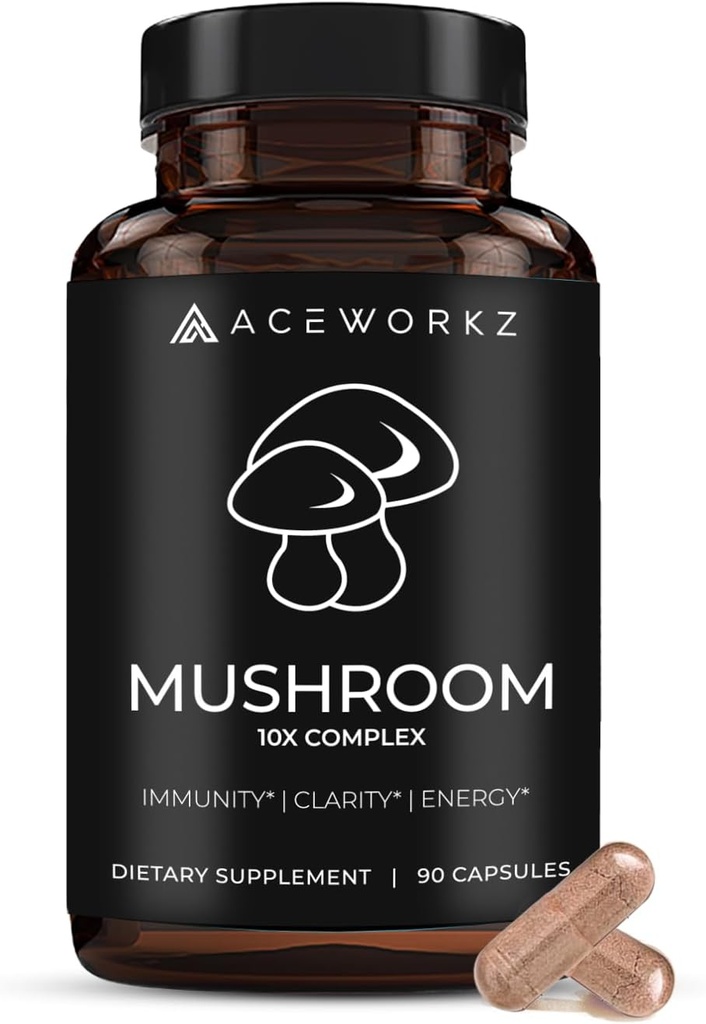ACEWORKZ 10 Seenekompleksi täiendus - Lõvi Mane, Reishi, Cordyceps & More - Aju tervis, mälu ja fookus Nootroopne - Energia ja immuunsuse tugi (90 kapslit)