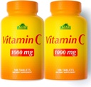 ALFA VITAMINS Suplemento C de vitamina 1000mg, poderoso antioxidante para o suporte imunológico e pele saudável, promove a formação de colágeno, suplemento dietético para o bem-estar diário, 100 comprimidos, 2 frascos