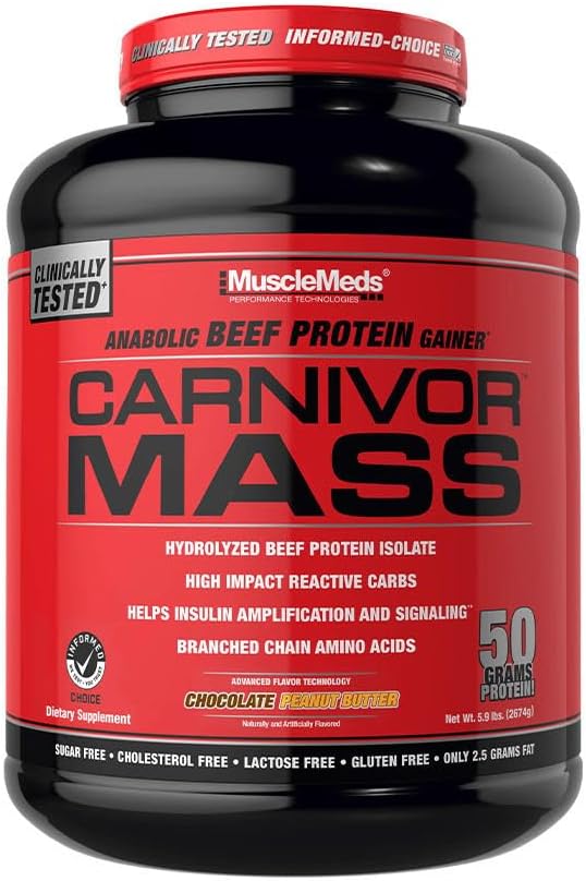 MuscleMeds Carnivor Mass Gainer Beef Protein Isolát Shake, 50 Grams Protein, 125 Grams Carbs, 0 Tuk, 0 Cukor, bez laktózy, Halal Certified, Čokoládové arašidové maslo, 6 libra