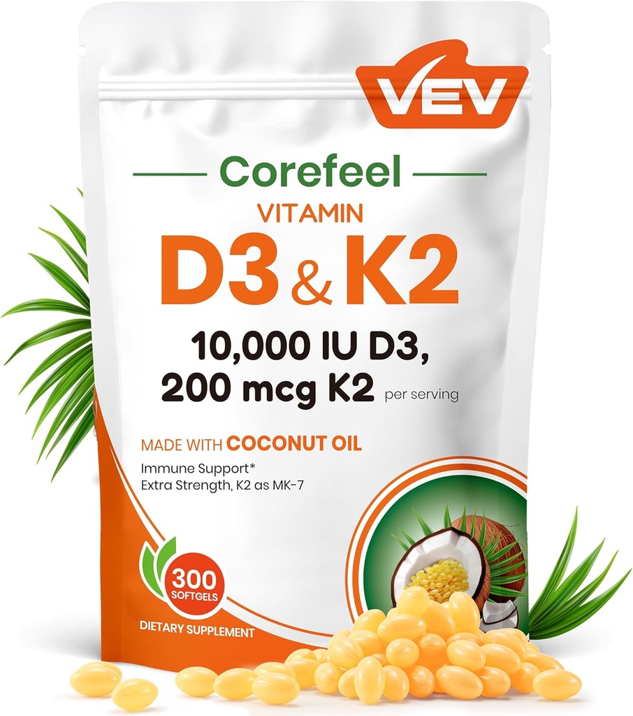 VEV Corefeel Вітамін D3 K2 10000 IU, 200 mcg MK-7, 300 Coconut Oil Softgels, 2 в 1 Вітаміни добавки D & K (включаючи MK7), Легко Ковтати, Підтримує Калію Absorption, Bone Health