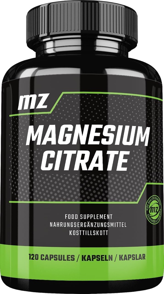 Magnesium Citrate 120mg + Vitamin B6 (P-5-P) 3mg, 120 Vegan Kapseln, 4 Monate Versorgung, Organische Form von Magnesium - Unterstützung Knochenstärke und Nervöses System - von MZ