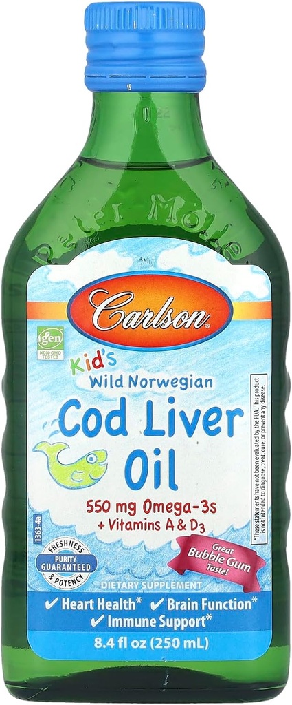 Carlson Kid's Wild Norwegian, Cod Liver Oil + Vitamiinit A & D3, Bubble Gum, 8,4 fl oz (250 ml)