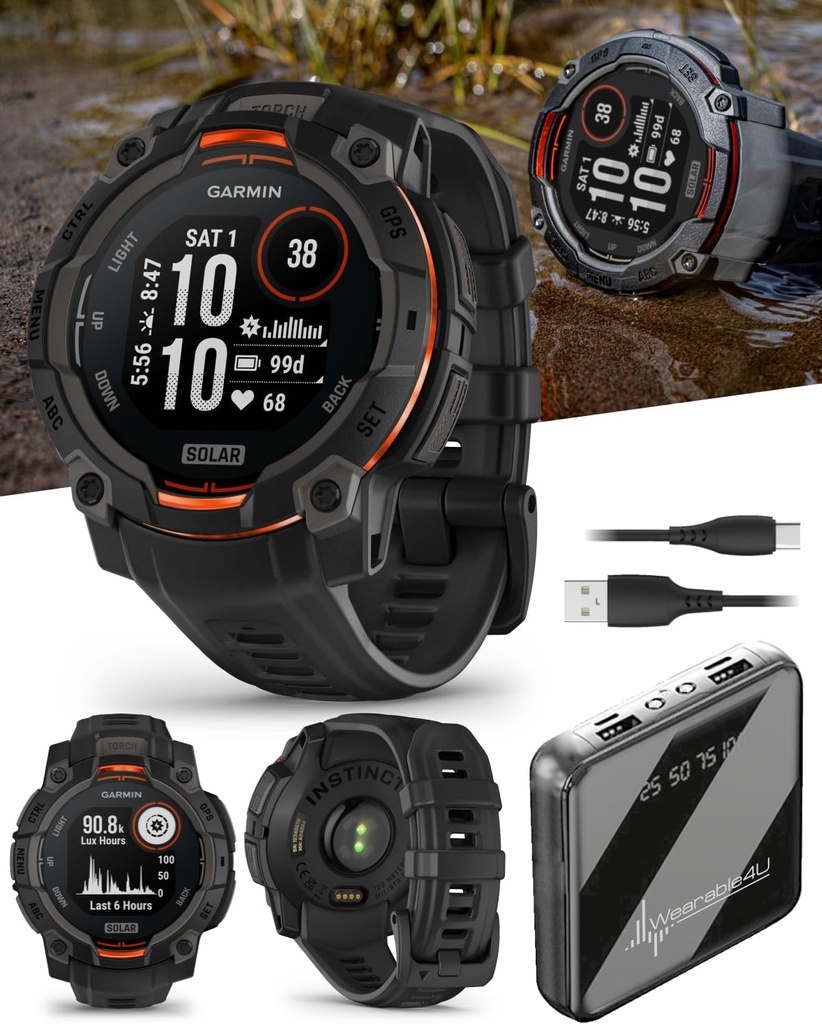 ウェアラブル4U Garmin Instinct 3ソーラー45 mm、頑丈な屋外GPSスマートウォッチ、メタル強化ベゼル、内蔵懐中電灯、最大28日間バッテリー寿命、ブラックバンドバンドバンドバンド付きブラック