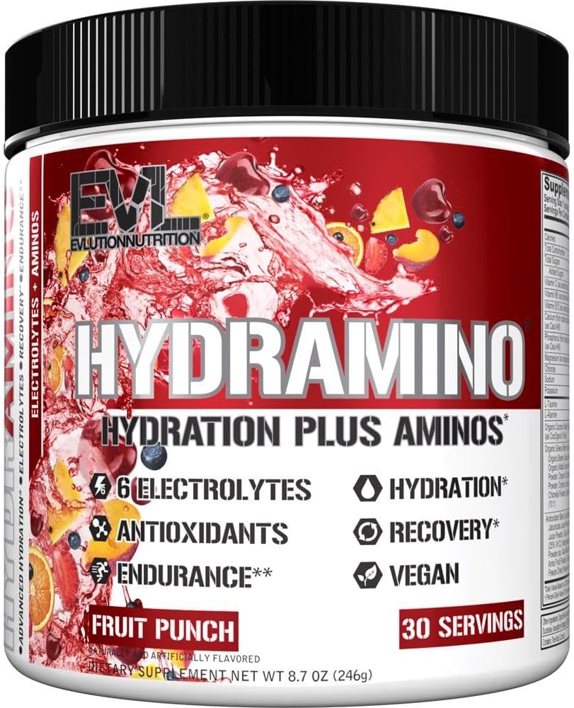 Evalution Nutrition HYDRAMINO Popolni Hydration Multiplier, Vseh 6 Elektroliti, Vitamin C & B, Fluid za povečanje aminokislin, Kokosova voda, vzdržljivost, Recovery, Antioksidanti, 30 Serve, Sadni Punch