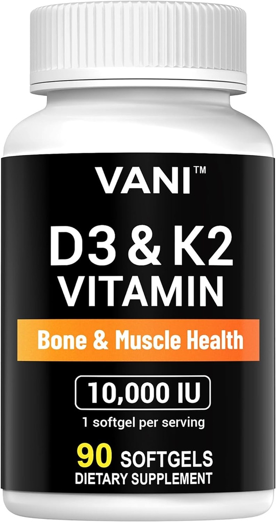 VANI Vitamins D3 (10000iu/250mcg) + K2 (as Mk7), for Bone & Muscle & Teeth Health, 90 SOFTGELS