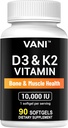 VANI Vitaminas D3 (10000iu/250mcg) + K2 (como Mk7), para a saúde dos ossos e músculos e dentes, 90 SOFTGELS