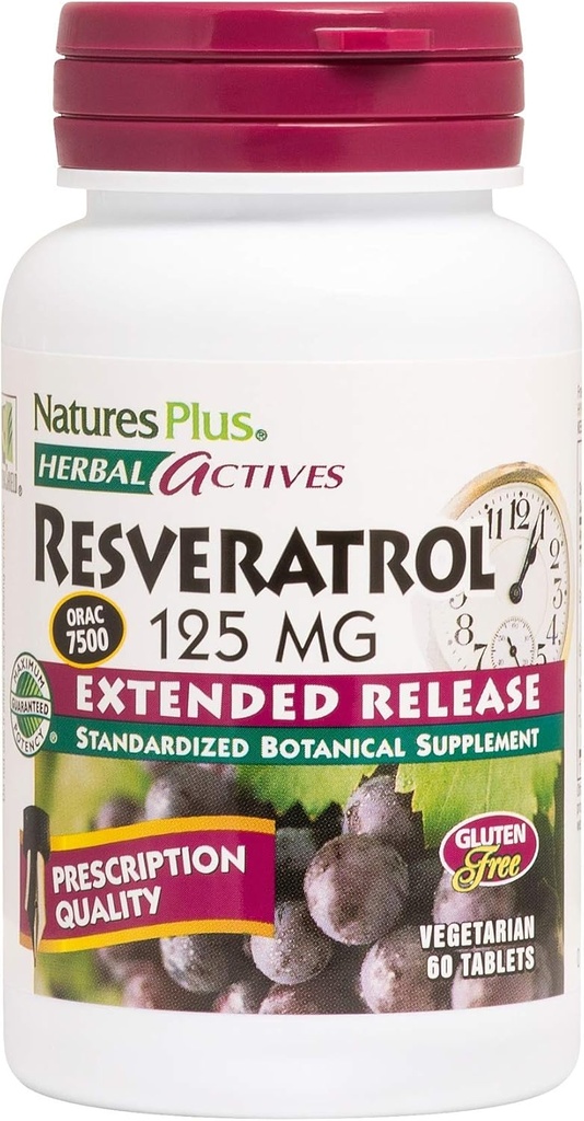 Natural Plus augalas Aktyvus Resveratrol, išplėstinis spaudai - 125 mg, 60 Vegetariškų tablečių - nemokamai - 30 Paslaugos