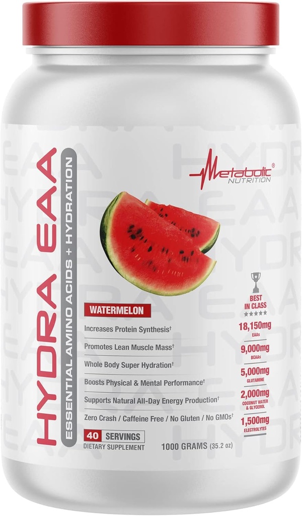 Hidra de Nutrición Metabólica Hidra EAA, 1000g de Aminoácidos esenciais + Hidración, EAAs, BCAAs, Glutamina, Electorlytes, Coconut Water & Glycerol, Amazing Flavors (Watermelon, 1000g)