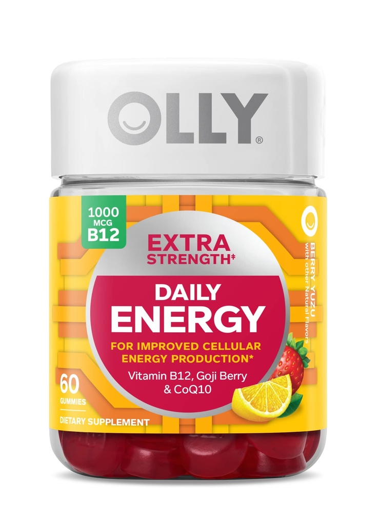 OLLY Extra Strength Daily Energy Gummy, Caffeine Free Cellular Energy Production,* 1000 mcg Vitamin B12, CoQ10, Goji Berry, Adult Chewable Supplement, Berry Yuzu Flavored, 30 Day Supply - 60 Count