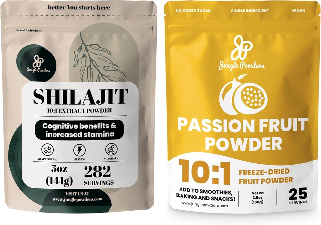 Praf de junglă Premium Duo: 5 oz Raw Shilajit & 3,5 oz Pulbere de fructe - Suport energetic pentru bărbați, Boost Immune, cu Freeze Passion Fruit Powder pentru coacerea, Smoothies, extract fără aditivi