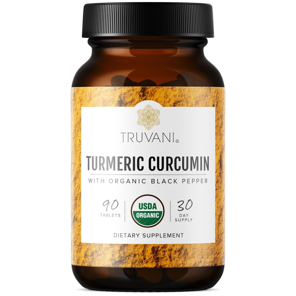 Truvani Organic Turmeric Curcumin Tablets 1,350 mg Each - Natural Joint Support with Black Pepper for Absorption - 90 Tablets