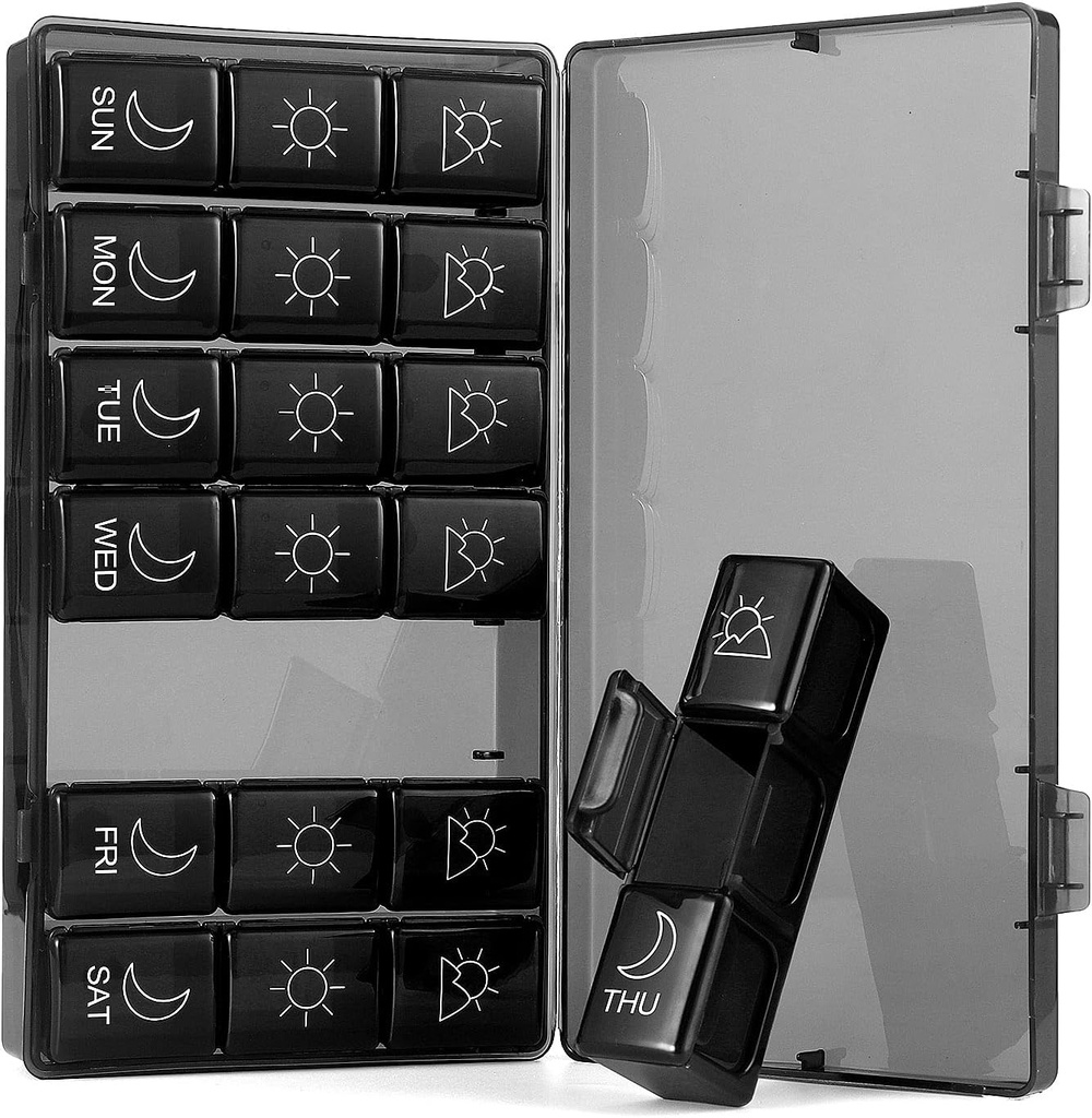 Ugentlig Pill Organizer 7 Dag 3 gange, Portable Pill Organizer, BPA Free Pill Case, Rejser Daily Pill Box Reminder, Medicin Organizer til vitaminer, Kosttilskud (Black1)