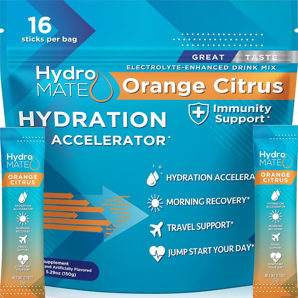HydroMATE Electrolytes Powder with Low Sugar - 16 Paquetes de hidratación instantánea con vitamina C Orange para impulsar a enerxía - low Sugar Electrolytes Powder Packets para apoiar a hidratación para a recuperación rápida de partido