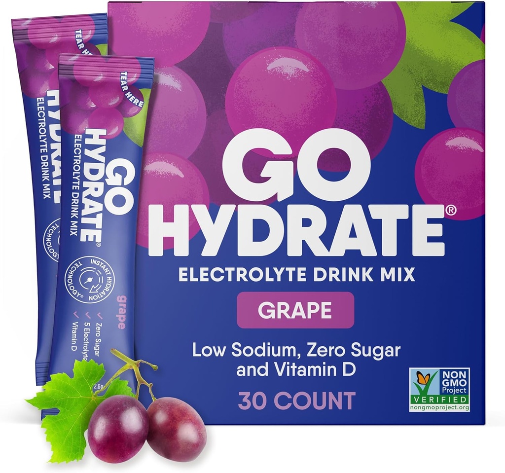 GoHydrate Instant Hydration Powder Packetit - Alhainen natrium Elektrolyyttejä Drink Mix - Natural Hydration Support, Sokeriton Elektrolyytti Makujauhe Drink D-vitamiini, 30 pakkausta, Rypäle