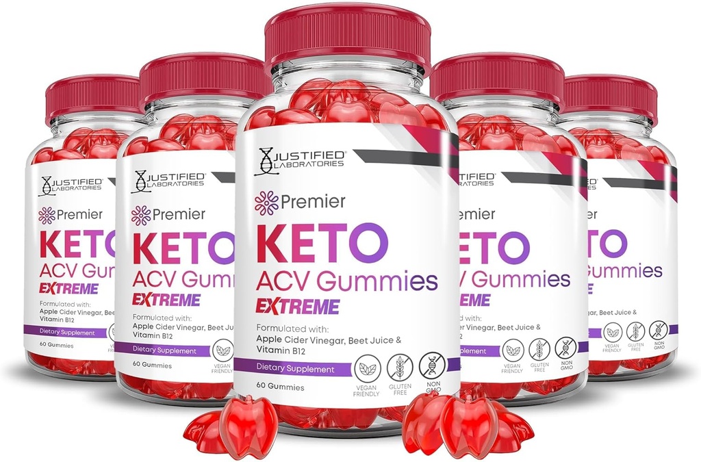 Laboratoires justifiés (5 Pack Premier Keto ACV Gummies Advanced Extreme 2000MG Premier Keto Gummies Vinaigre de cidre de pomme formulé avec du jus de pomme de grenade Poudre B12 Vegan Non OGM 300 Gummys