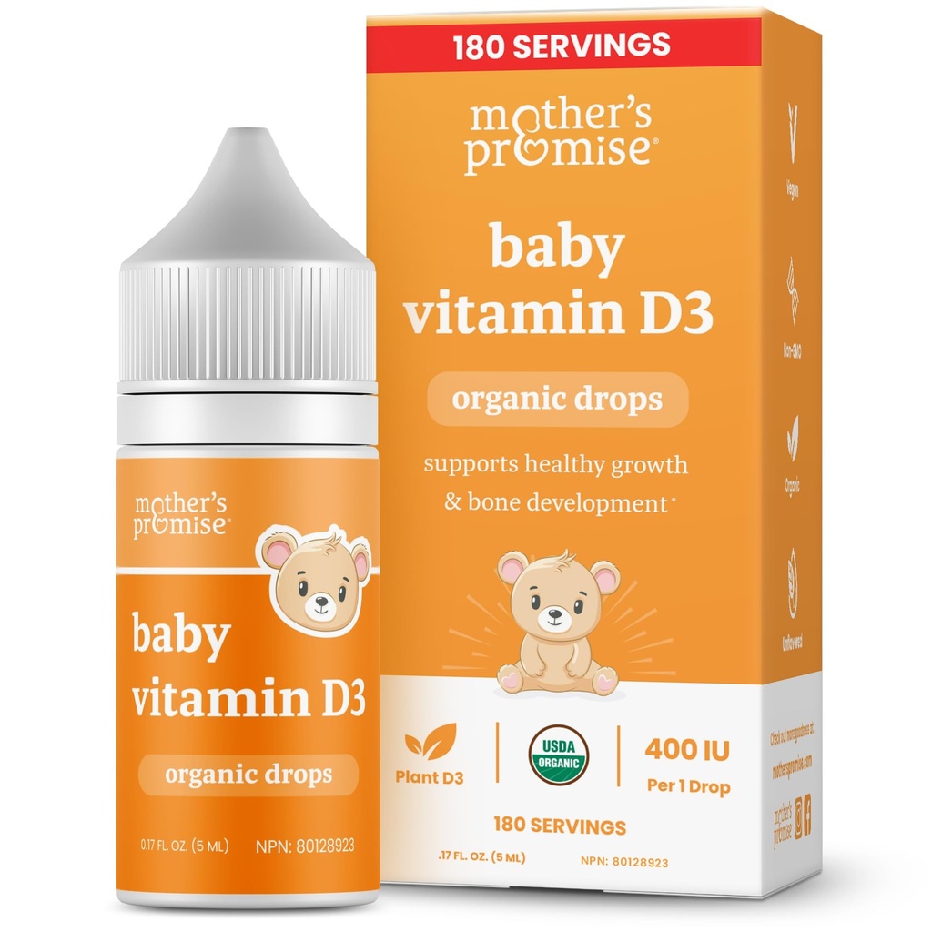 Mother's Promise Organic Baby Vitamin D Drops | 100% Plant Based | Healthy Growth & Bone Development | Age Newborn+ | 180 Servings | Baby Vitamin D3 Liquid for Infants & Toddlers | 400 IU for Babies