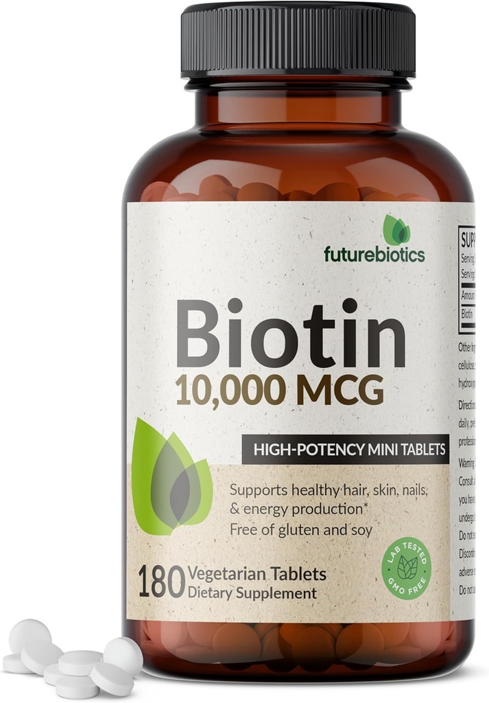 Futurebiotics Biotin 10,000 MCG High Potency Tablets Supports Healthy Hair, Skin " Nails " Energy Production, Non-GMO, 180 Vegetarian Tablets