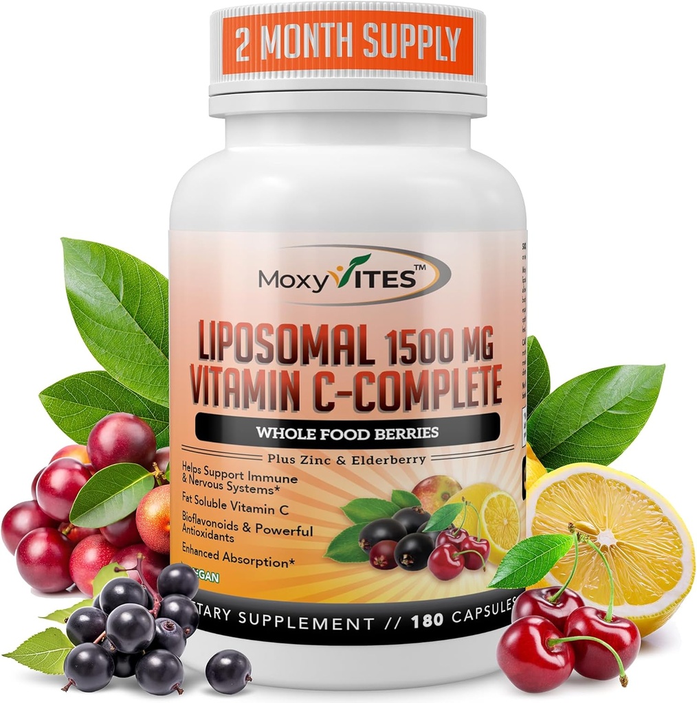 Liposomal vitamin C med sink kapsler - Vit C organisk eldrebær, Amla, Camu Camu- Vitamina C høy absorpsjon, anti elding, immunstøtte,1500mg / Serving 3 måneders forsyning Glutenfri NON GMO Veggie Caps