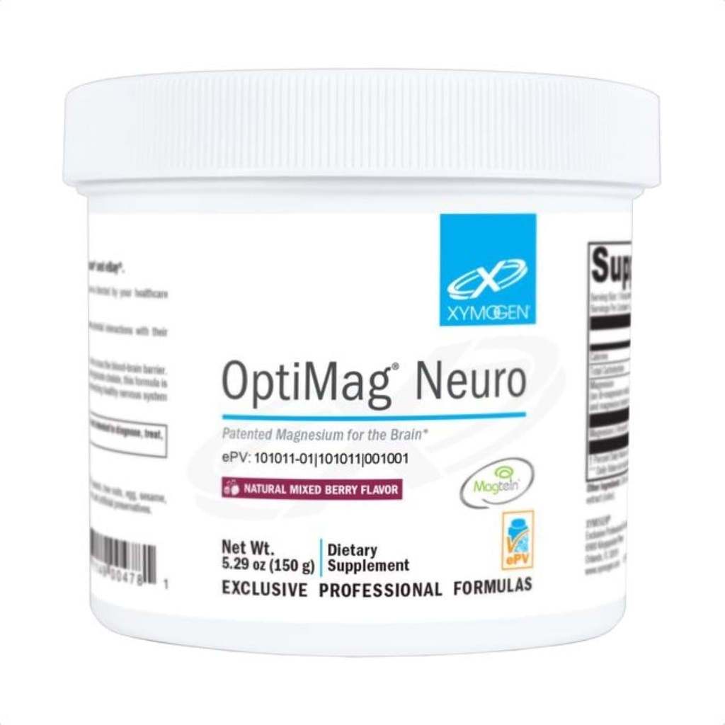 XYMOGEN OptiMag Neuro - Brain Health & Relaxation Support - Magnesium Glycinate & L-Threonate - Chelated Magnesium Powder - Mixed Berry Flavor - 5.29 Oz