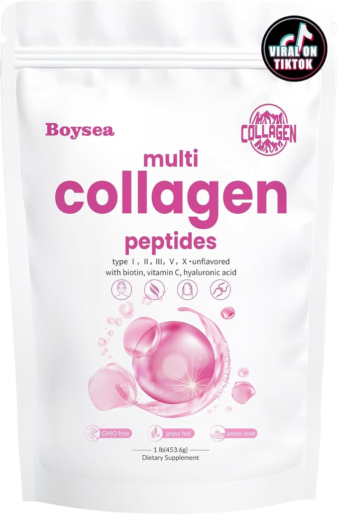 Noia. Tipus multi-Collagen Peptides Powder - Hidrogent Protein Peptide I, II, III, V, X amb biotectain C, suport de pell, pèl, Nail, Nail, Desflared, No-GMO, Glute-Free, corba Easy 1LB