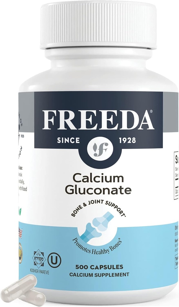 Freeda Calcium Gluconate – Kosher Vegan Calcium Supplement – Easy to Digest & Absorb – Supports Bone Strength – Pure Calcium Without Vitamin D – (500 Capsules)