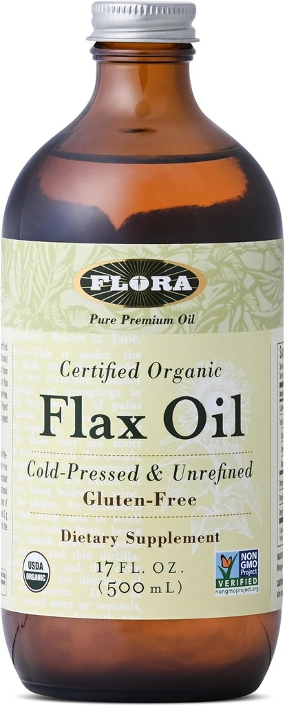 Flora - Linu eļļa - Auksti presēta, nerafinēta, organiska Linu eļļa - Satur omega 3 un omega 6 - Bez GMO un glutēna - Saglabājiet atdzesētu - 17 fl. oz. Dzintara stikla pudele