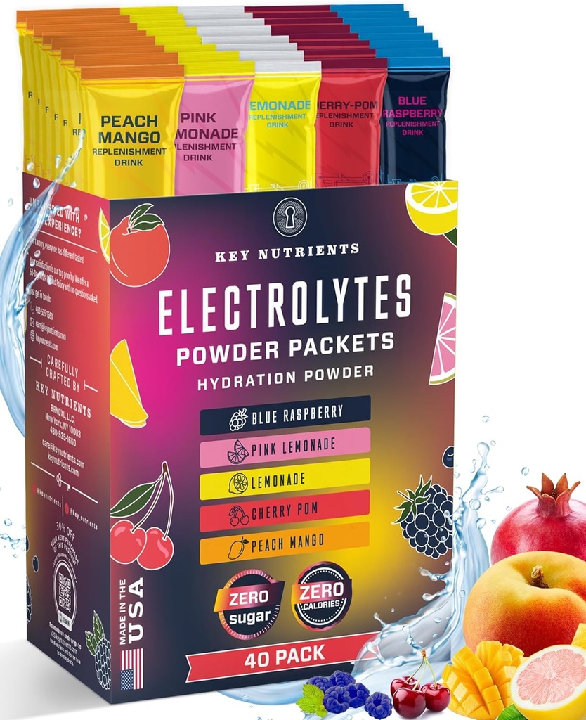 KEY NUTRIENTS 40 Pack Multivitamin Hydration Packets - 5 Delicious Flavors - Electrolytes Powder Packets No Sugar - No Calories, Gluten Free, Keto - 40 Servings - Made in USA
