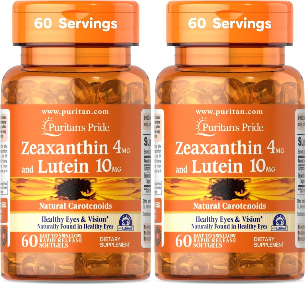 Puritan's Pride Zeaxanthin 4mg with Lutigold™ Lutein 10mg Carotenoids, Dietary Supplement for Healthy Eyes and Vision, 60 Easy-to-Swallow Rapid Release Softgels (Pack of 2)