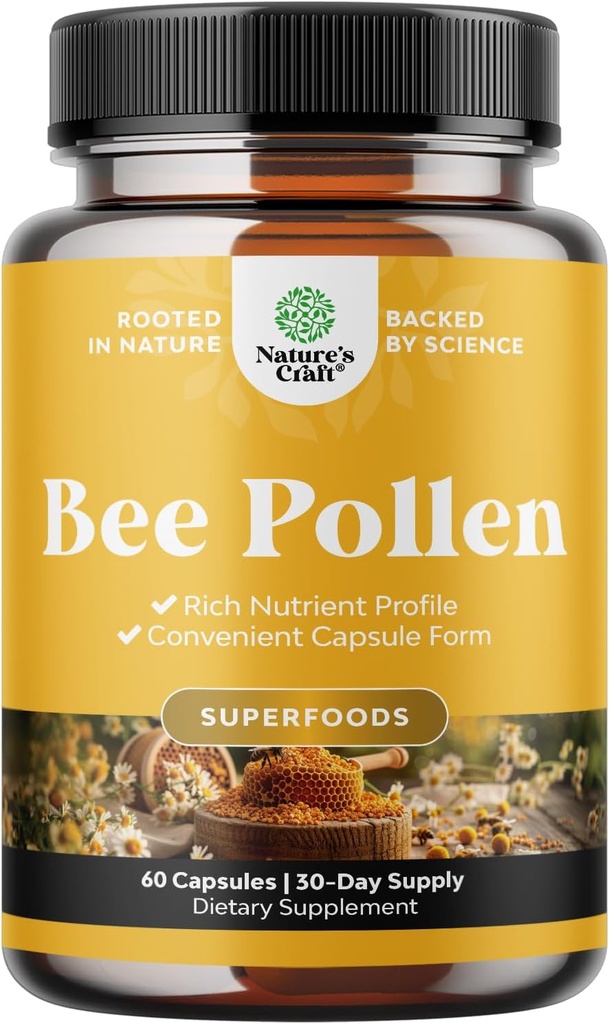 Pilules de pollen d'abeilles pour la croissance mammaire 60 Ct - Supplément de pollen d'abeille 1000mg Servir avec des vitamines B naturellement présentes Minéraux et enzymes - Supplément de soutien mammaire - Végétarien Non-OGM et sans gluten